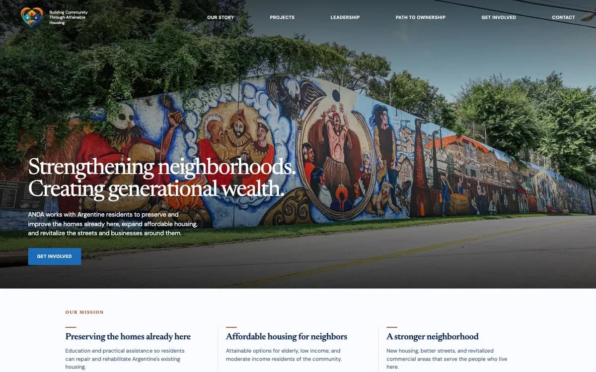 The ANDA homepage, with the Argentine mural in Kansas City behind the headline