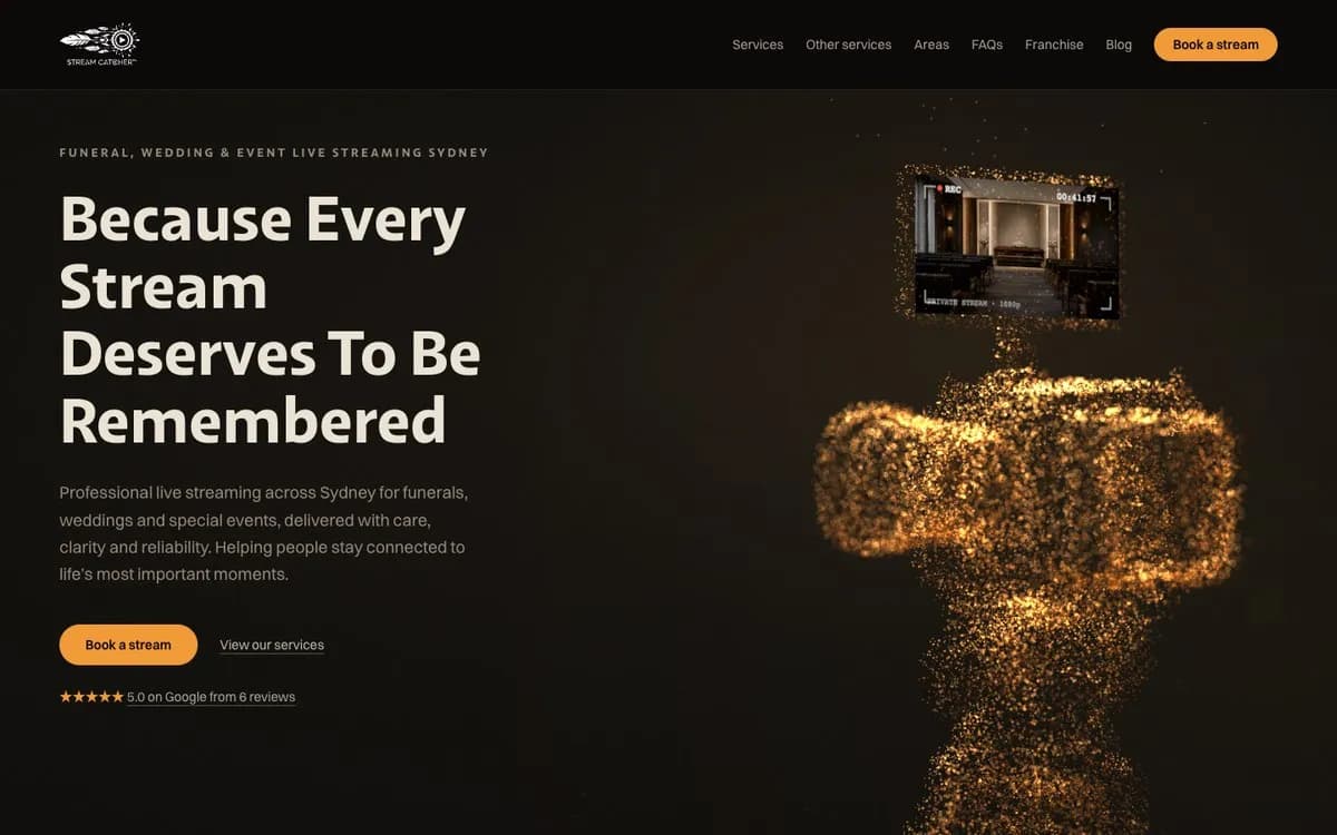 The Stream Catcher homepage, a dark page with a gold particle camera