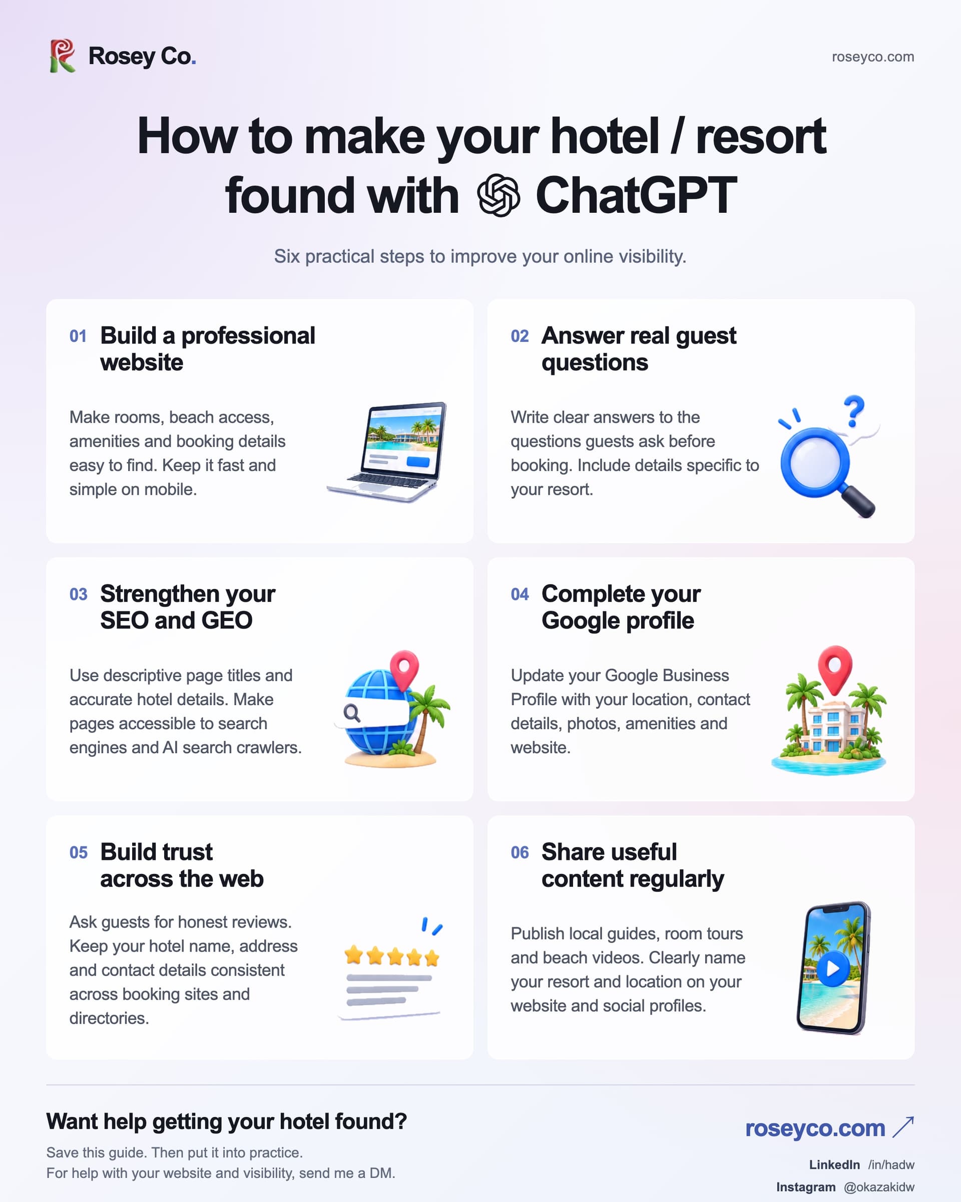 How to get more direct bookings for your hotel: 6 steps to get your hotel or resort found on Google and ChatGPT. 1. Build a professional website. 2. Answer real guest questions. 3. Strengthen your SEO and GEO. 4. Complete your Google Business Profile. 5. Build trust across the web. 6. Share useful content regularly.